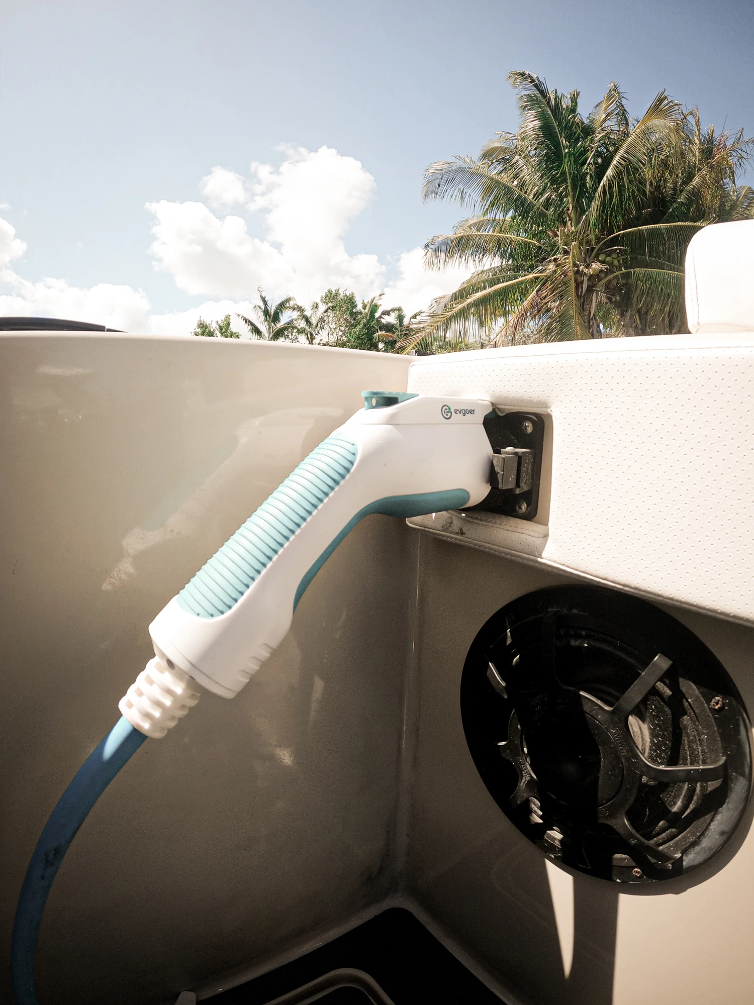 Close-up of a white and blue electric charging plug inserted into a charging port on a vehicle with palm trees and partly cloudy sky in the background.