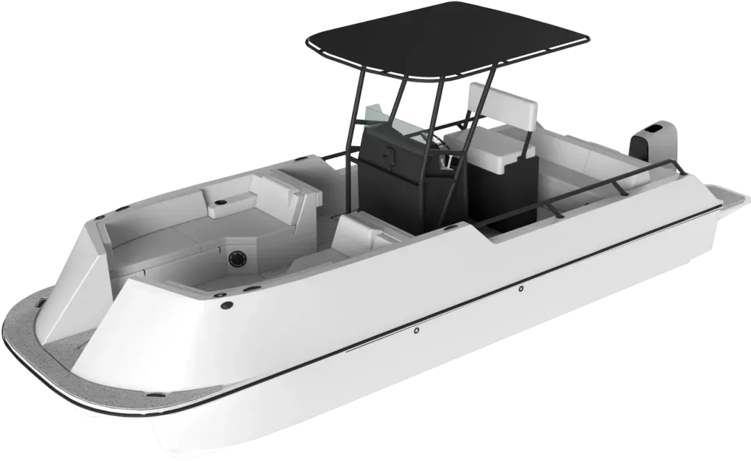 Small white recreational motorboat with a black T-top canopy over the helm area and cushioned seating at the bow and rear.