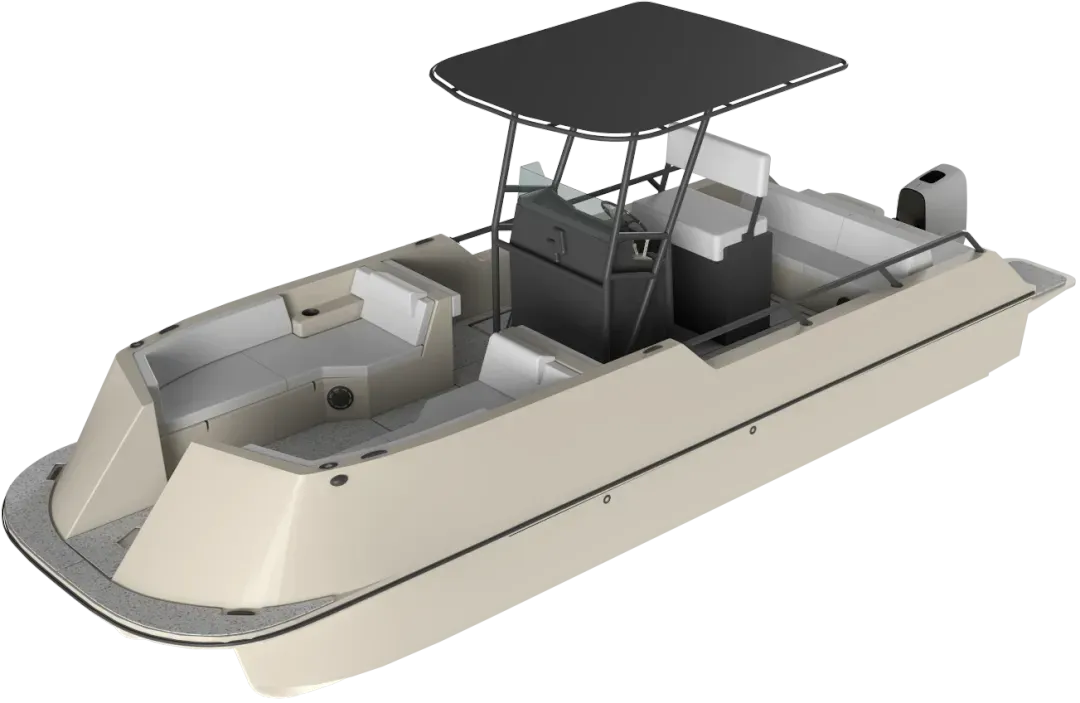 Beige and gray leisure boat with a T-top canopy, central steering console with seating, and cushioned benches at the front and back.
