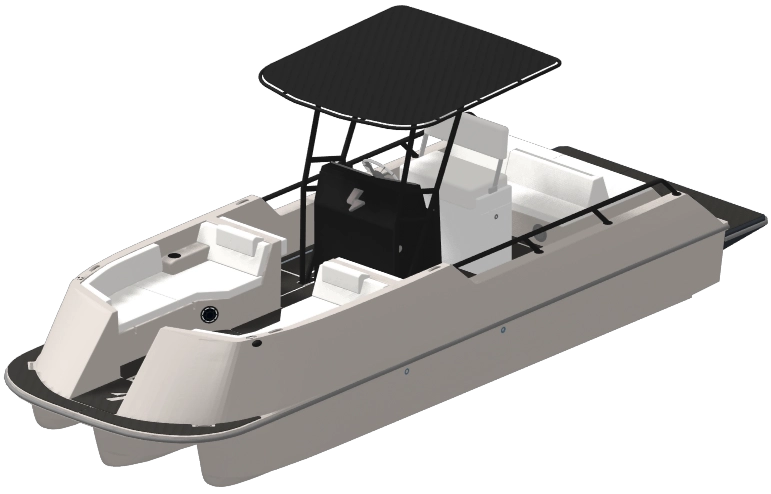 Modern, sleek catamaran-style boat with a beige hull and black canopy, featuring two forward seating areas and an open deck behind the steering console.