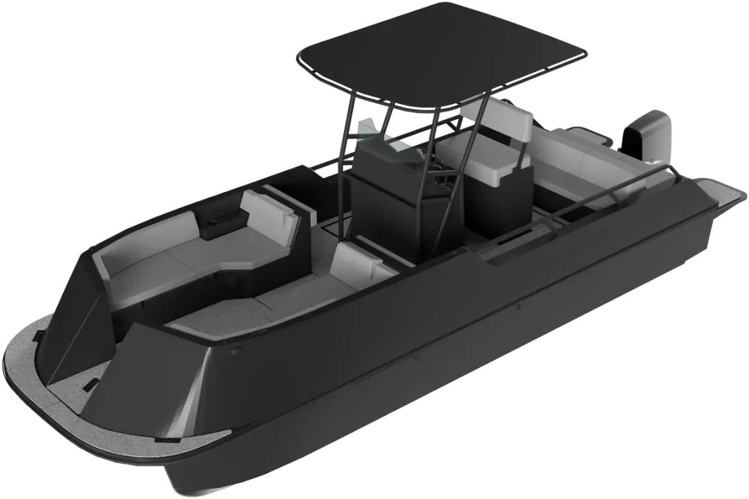 Modern black pontoon boat with cushioned seating areas, center console with canopy, and outboard motor.
