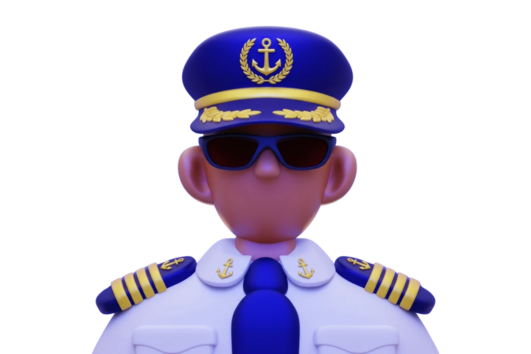 3D cartoon-style naval captain wearing a blue and white uniform with anchor insignias on hat, shoulders, and collar, dark sunglasses, and a blue tie.