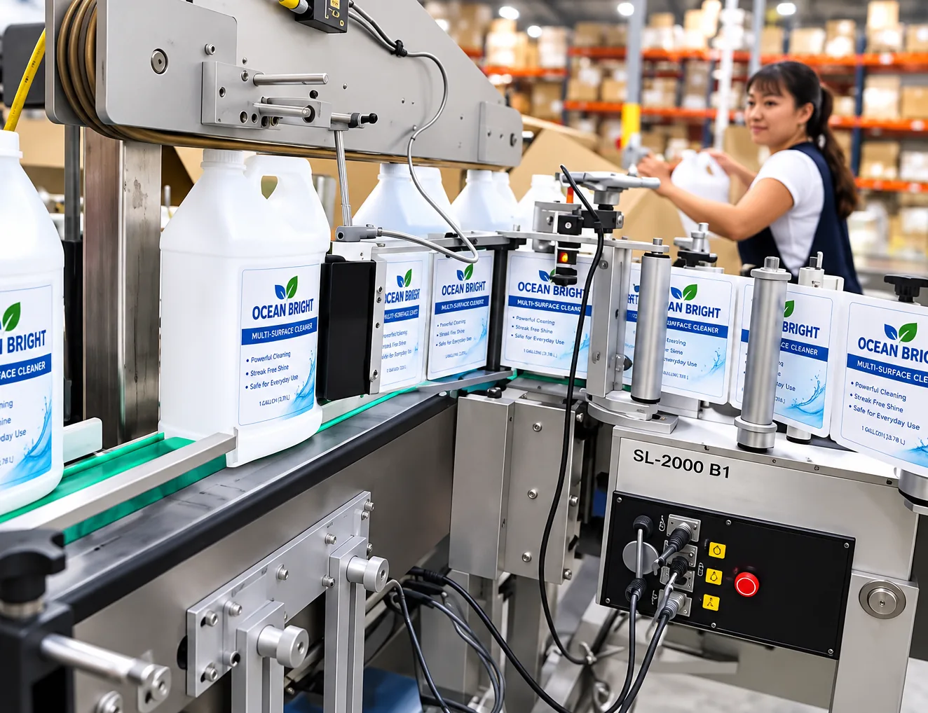 Pressure sensitive labels being applied by an applicator head