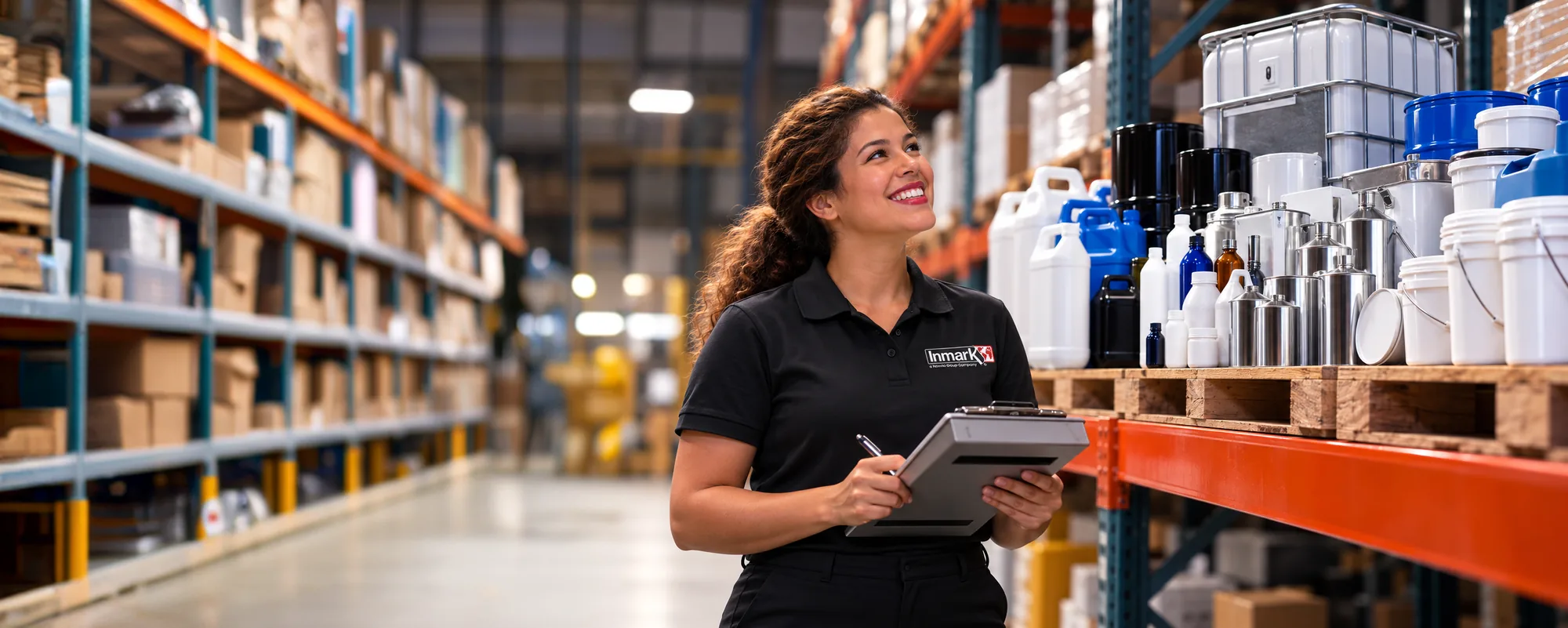 An Inmark packaging specialist checking stock in the warehouse