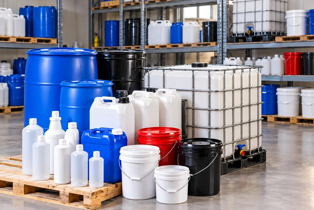 Plastic bottles, jerricans, pails, drums and an IBC tote in a warehouse
