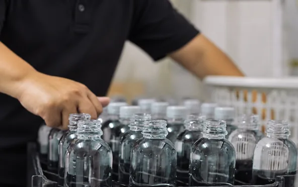 Team member arranging clear bottles in a tray