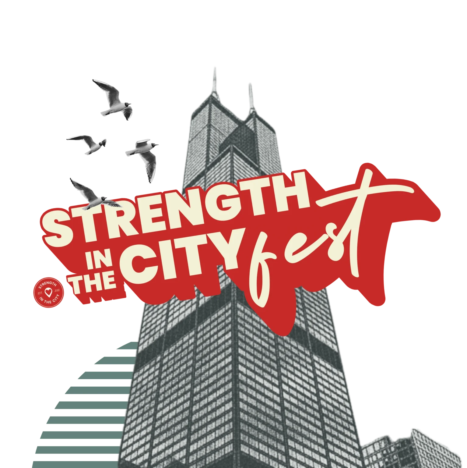 STRENGTH IN THE CITY Festival artwork with a city skyline and birds.