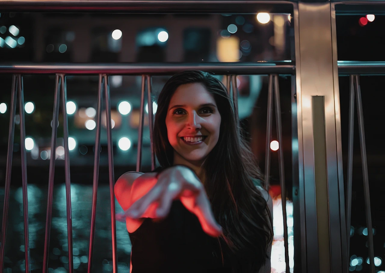 A community member at an evening gathering, with city lights behind her.
