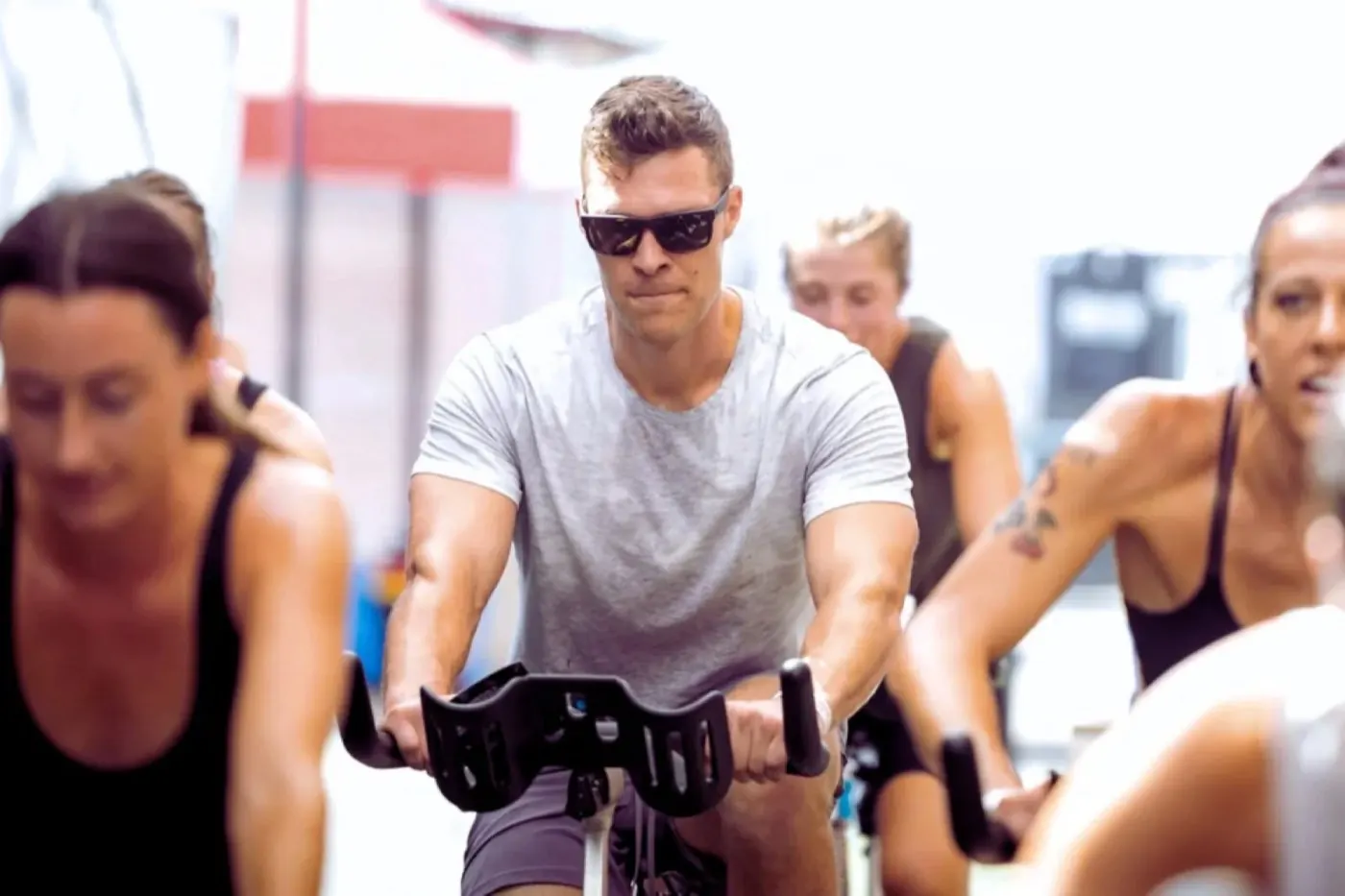 An outdoor cycling class