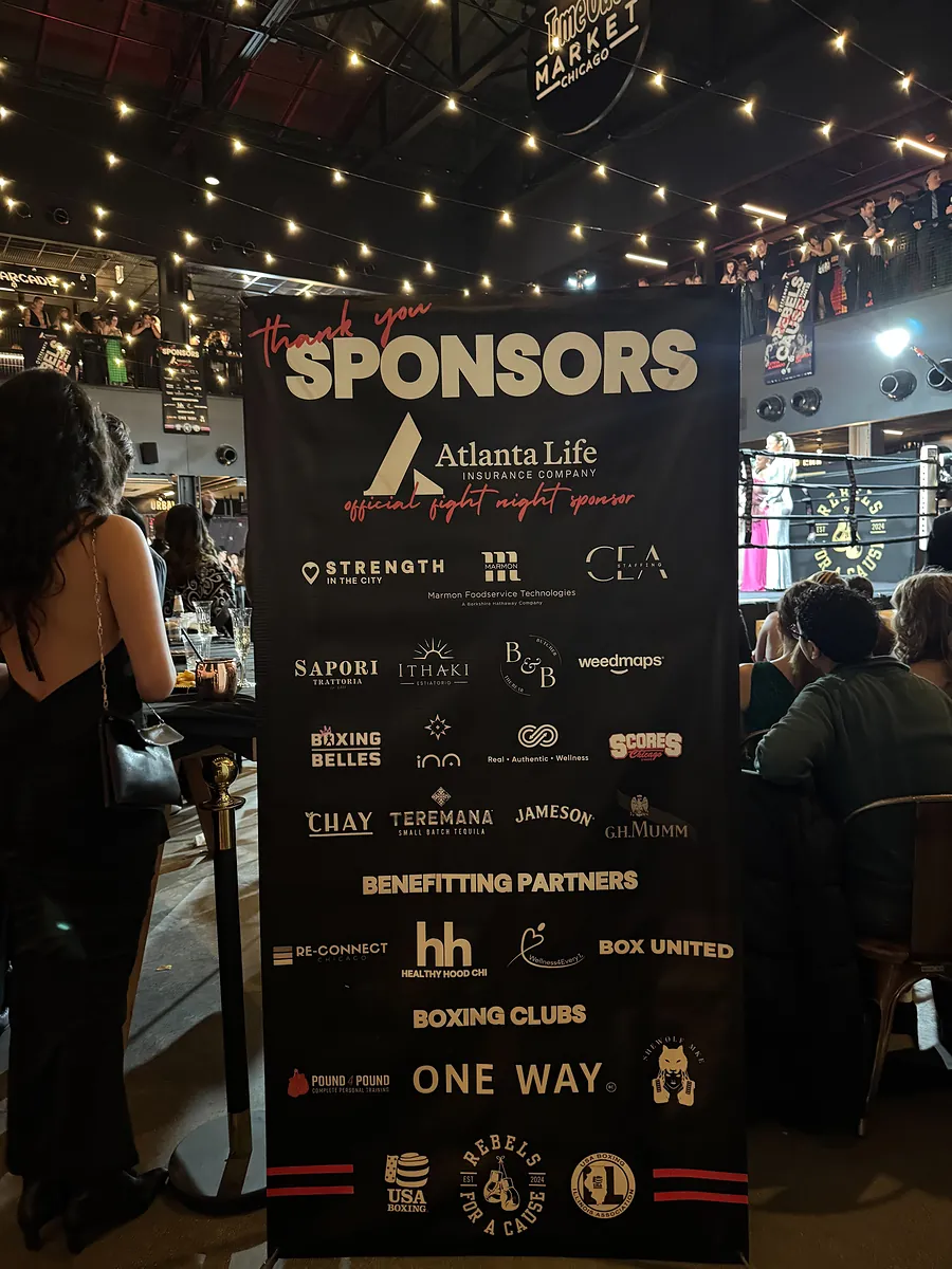 The 2026 sponsor wall: Atlanta Life Insurance Company as the official fight night sponsor, then the event sponsors, the benefitting partners and the boxing clubs