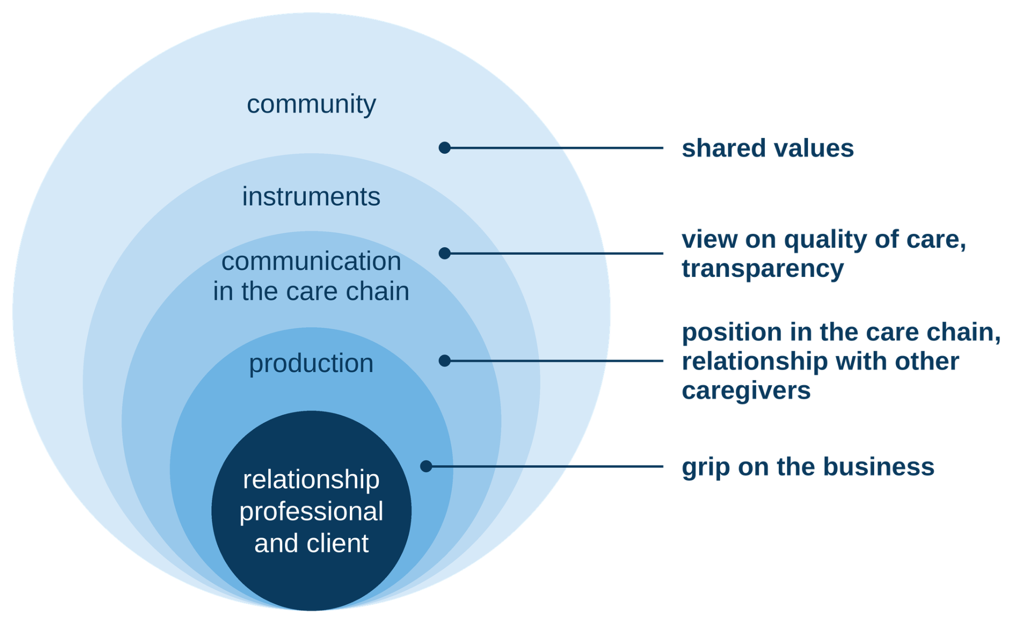 Buurtzorg Web model: the relationship between professional and client at the core, surrounded by production, communication in the care chain, instruments and community