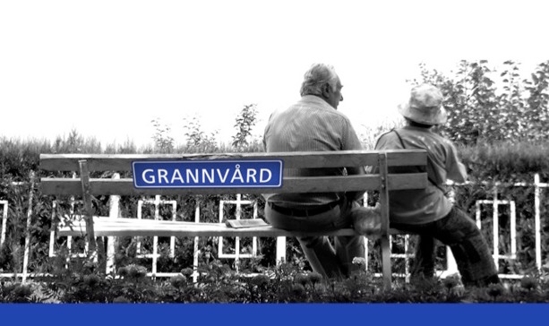 Two neighbours on a bench with a Grannvård sign