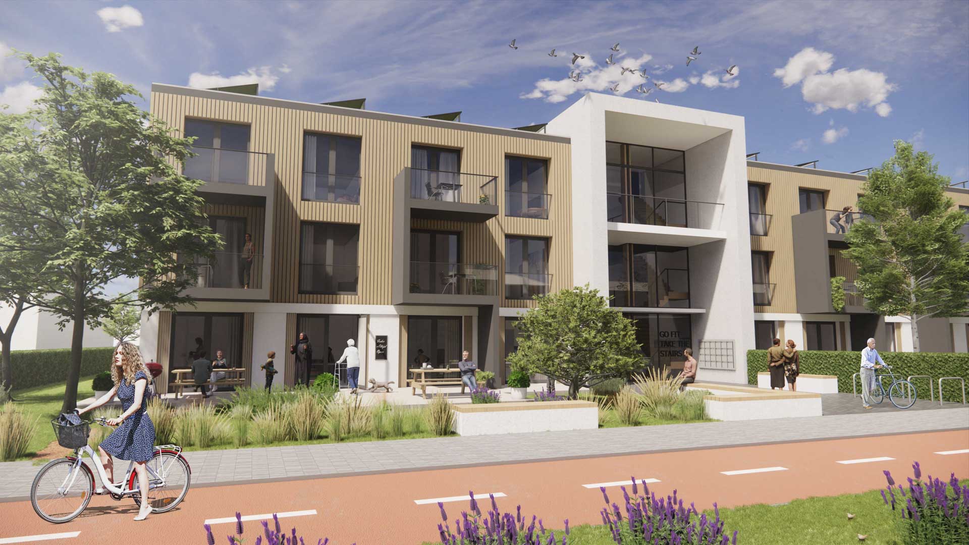 Artist's impression of a Buurtwonen housing project with a shared garden