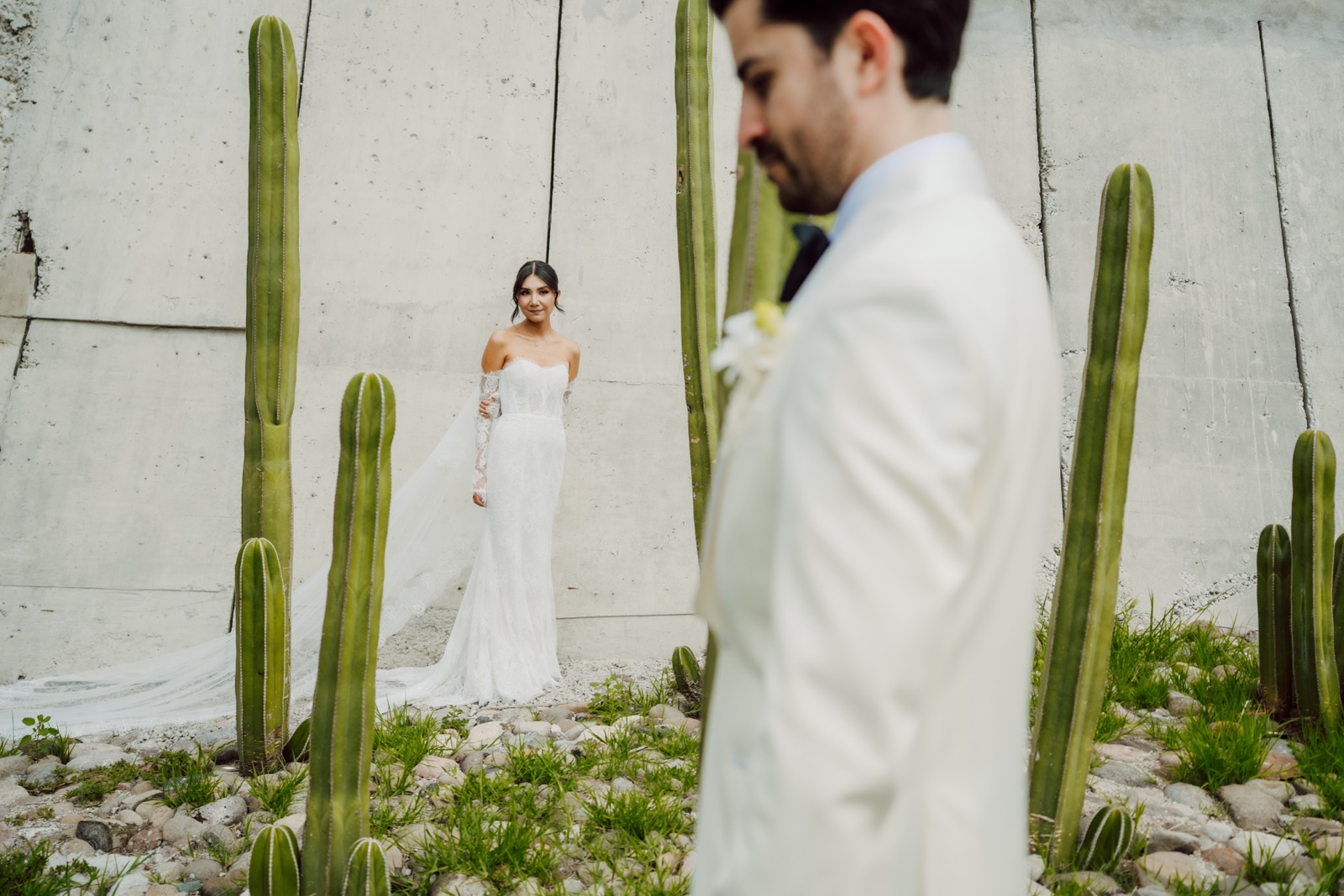 retrato del novio con traje claro entre cactus