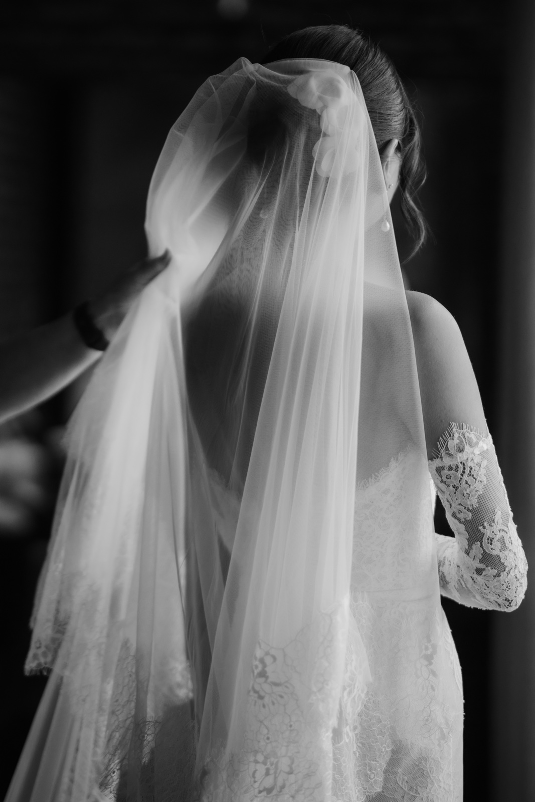 retrato de la novia de espaldas con su velo, en blanco y negro