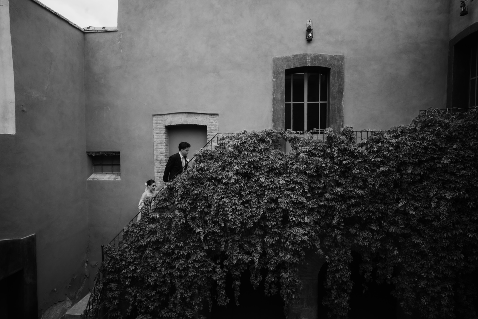 novios vistos por encima de un muro con vegetación, en blanco y negro