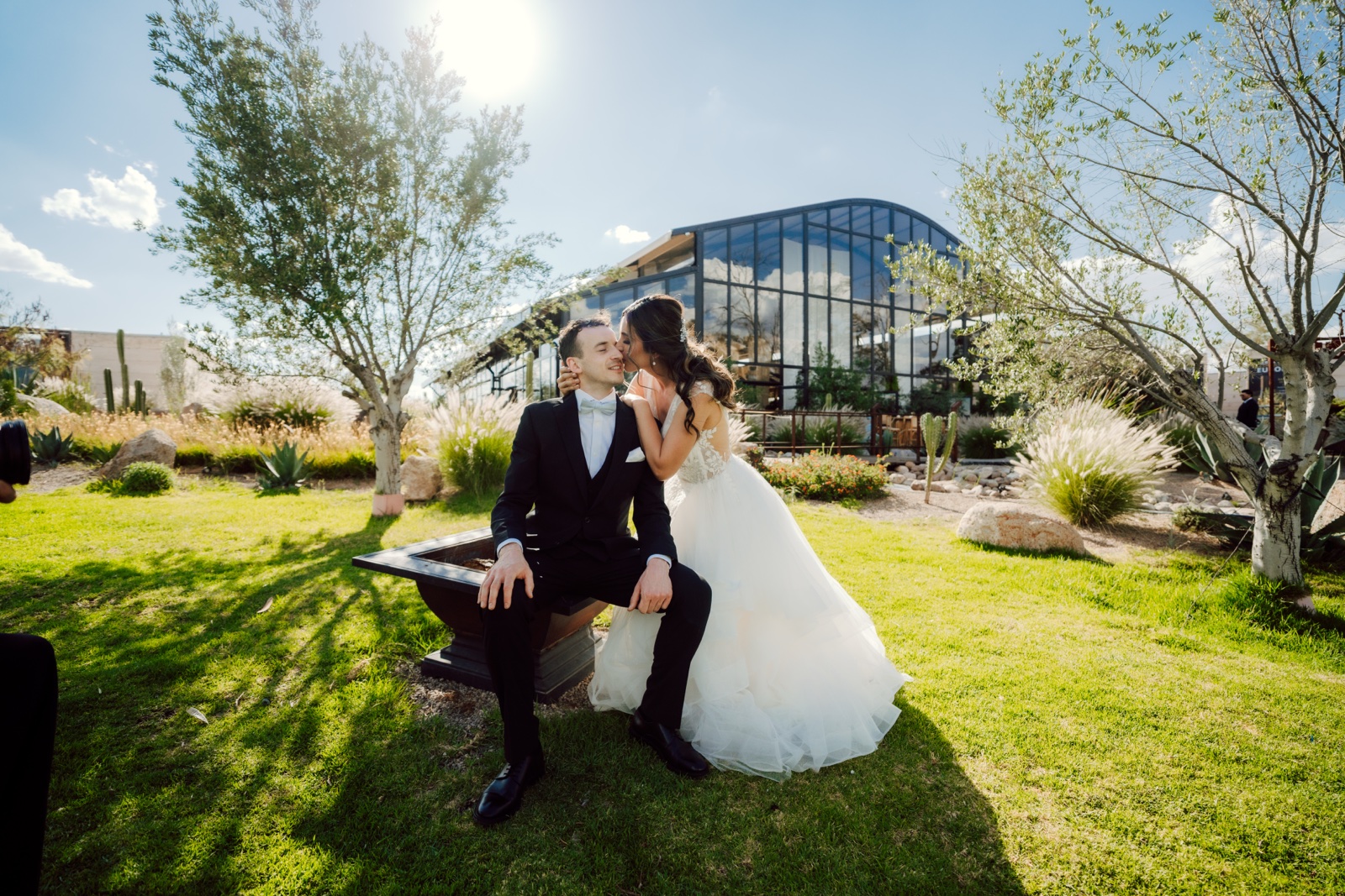 novios junto a un árbol frente al salón acristalado