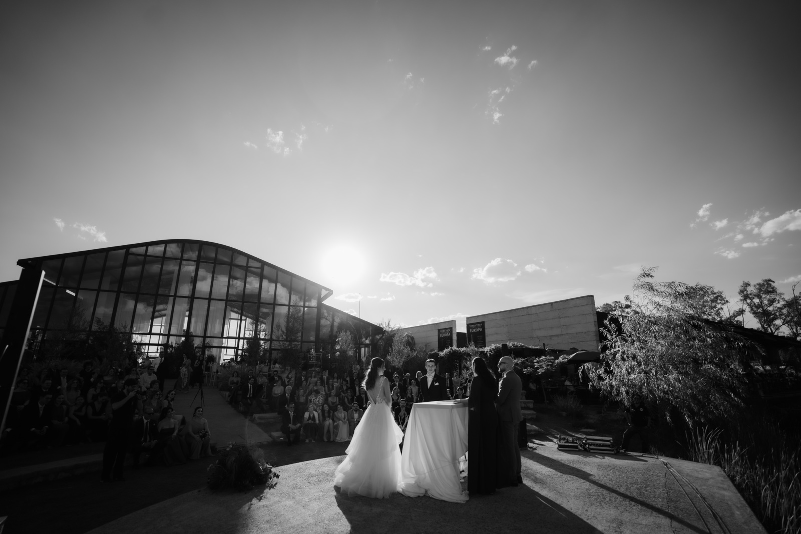 novios ante sus invitados a contraluz, en blanco y negro