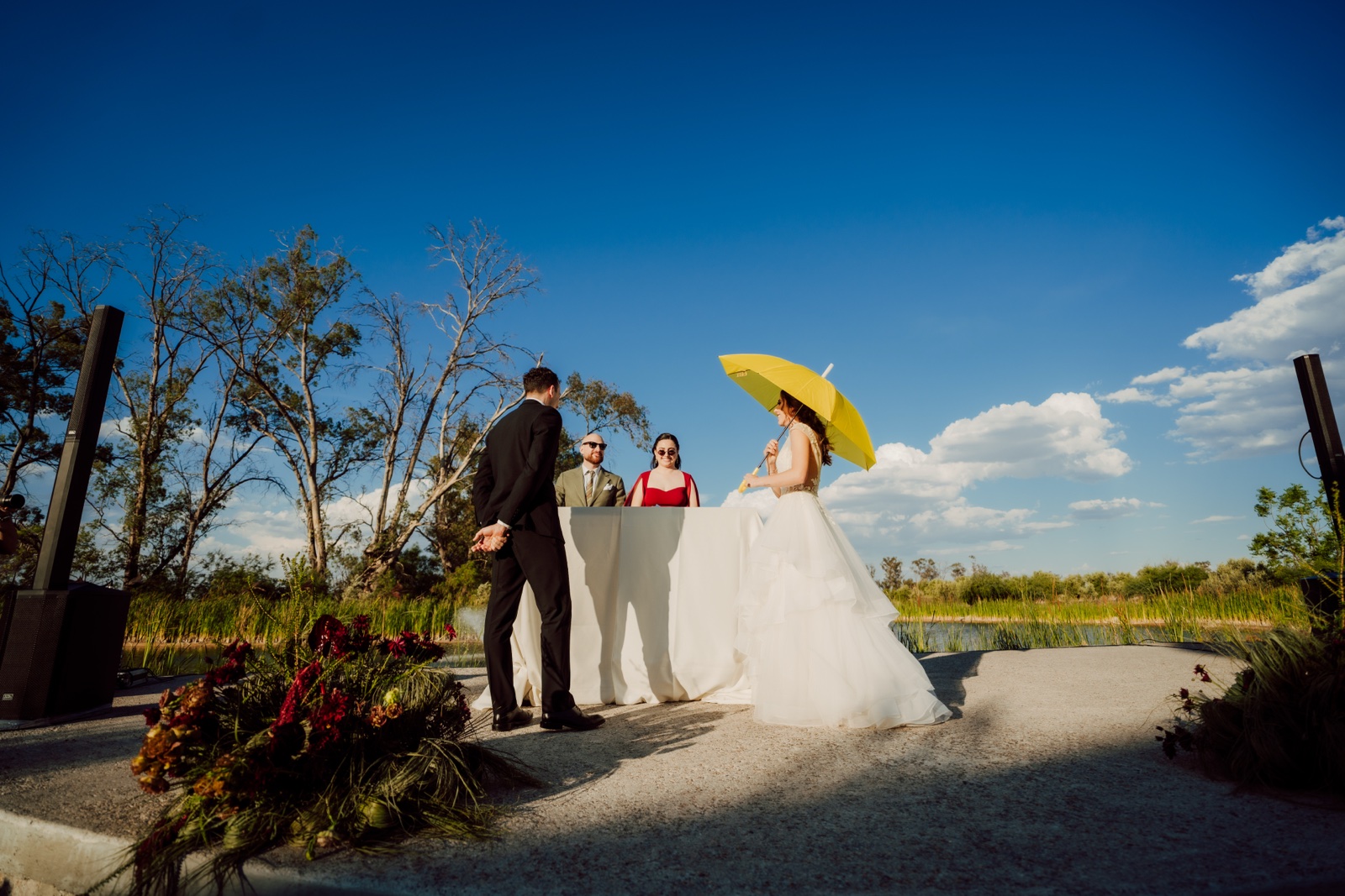 vista de los novios junto al altar del jardín
