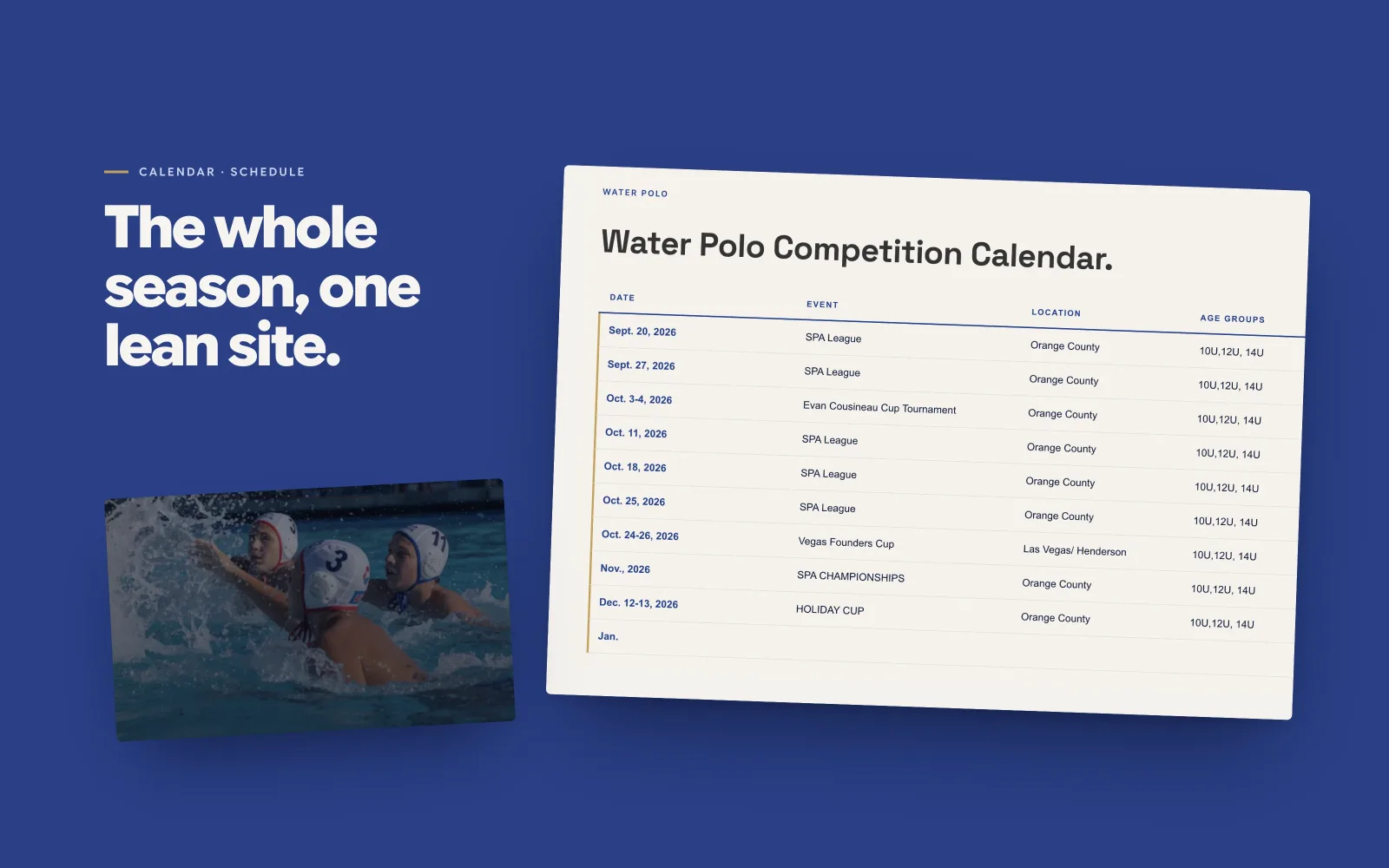 Back Bay Water Polo Competition Calendar table of 2026 events, beside a photo of players in the pool