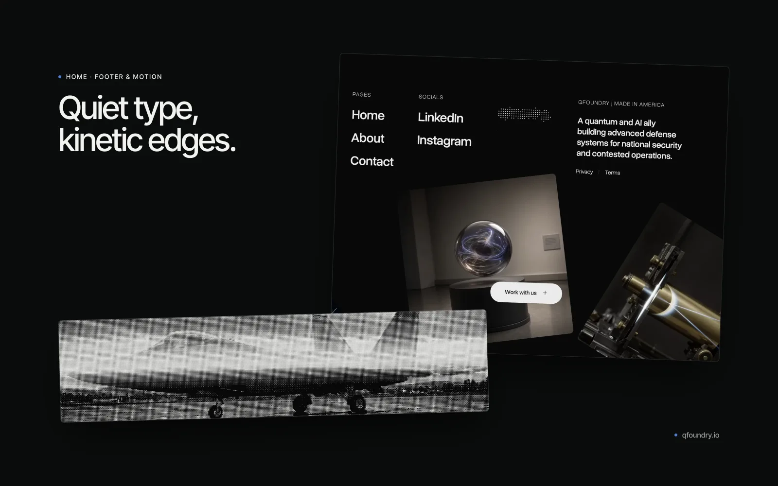 QFoundry dark footer with its dithered wordmark and tilted image cards, beside a halftone photo of a jet on the runway