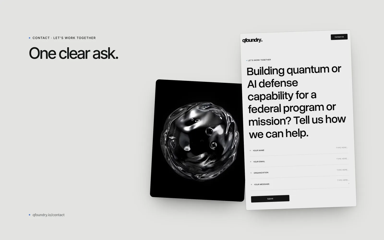 QFoundry contact page form, "Building quantum or AI defense capability for a federal program or mission? Tell us how we can help.", beside a black glass sphere
