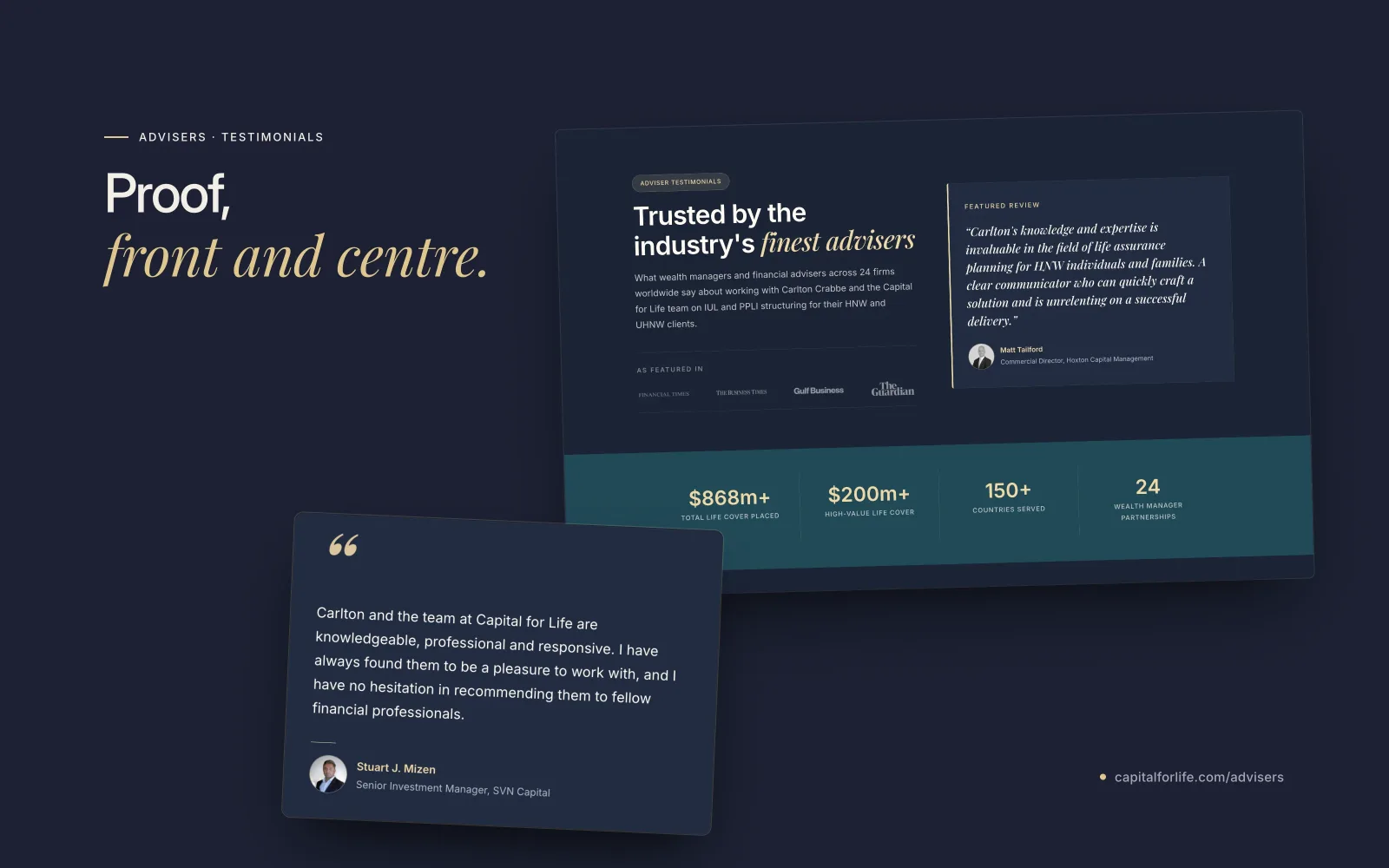 Capital for Life adviser testimonials section with a featured review, press logos and stats ($868m+ total life cover placed, 150+ countries served), beside an adviser quote card