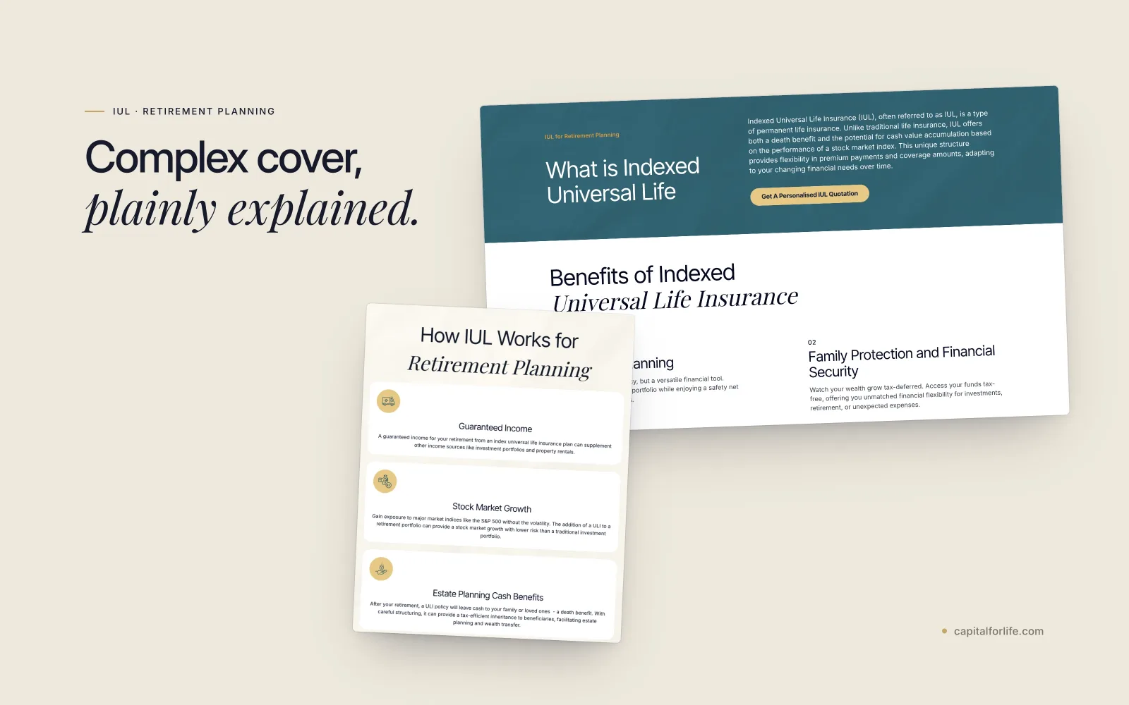 Capital for Life "What is Indexed Universal Life" page and its benefits, beside the "How IUL Works for Retirement Planning" cards