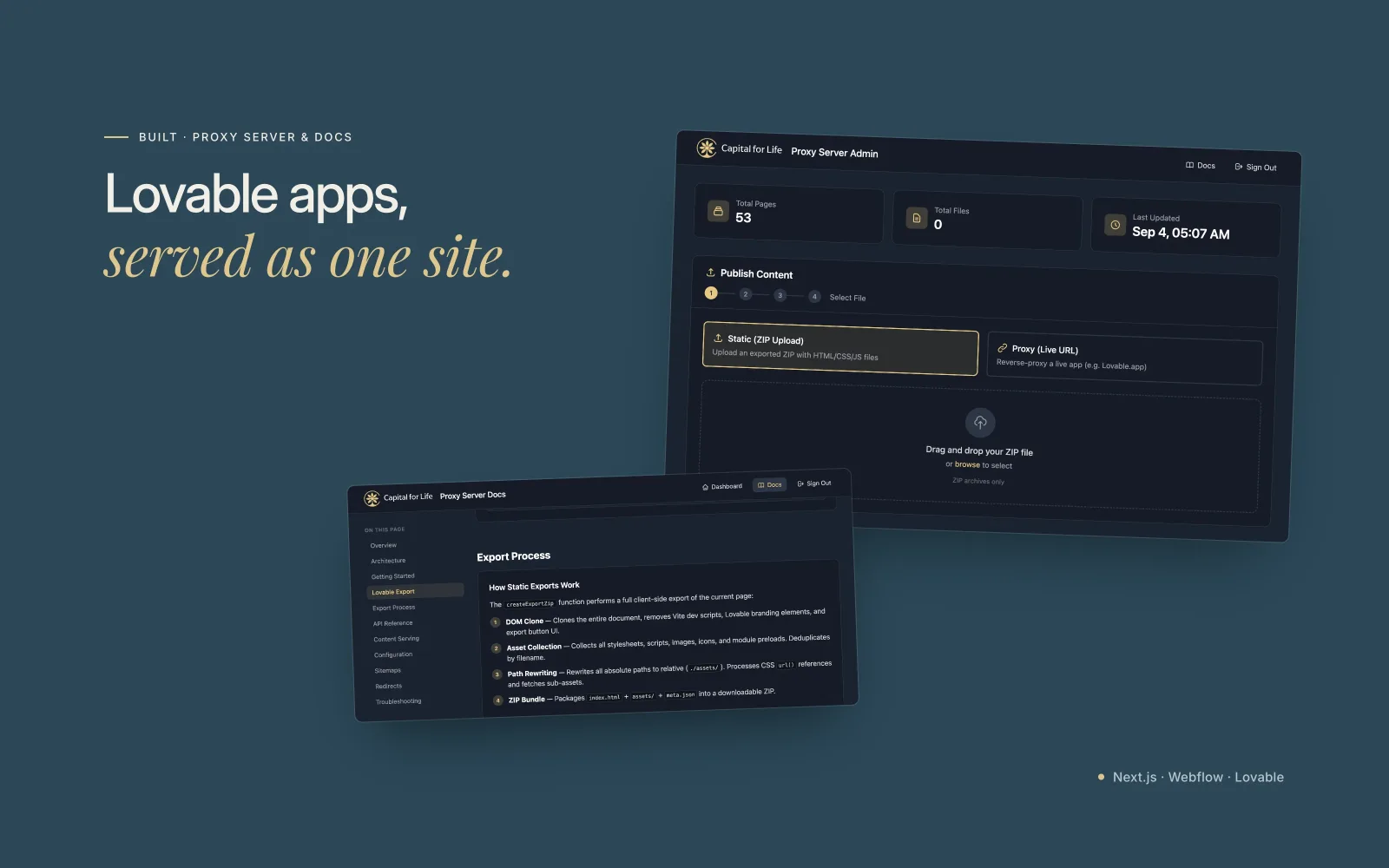 Capital for Life Proxy Server Admin dashboard for publishing Lovable app exports, beside its documentation on the static export process