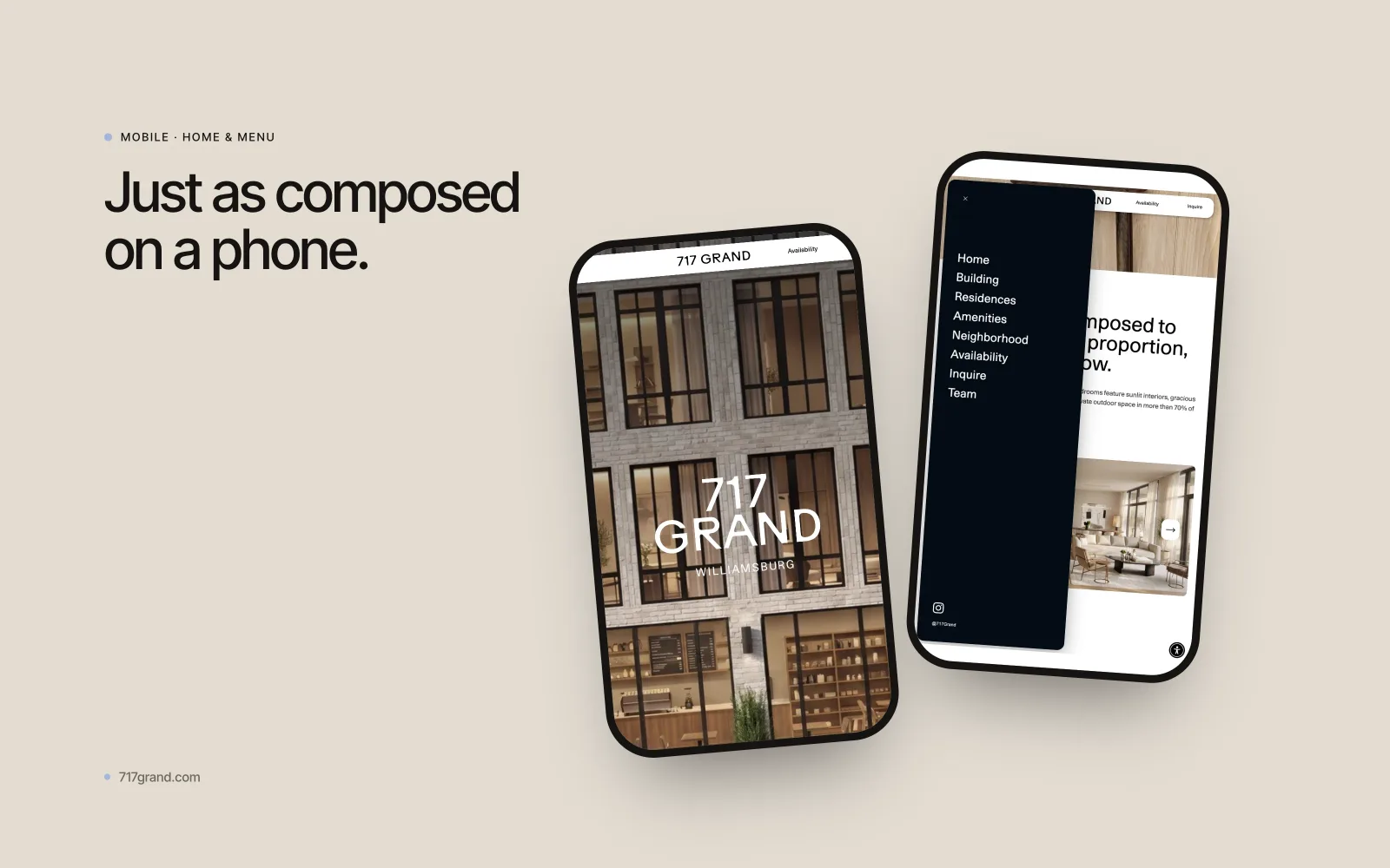 Two phones showing the 717 Grand mobile site: the home page over the building facade, and the open menu drawer