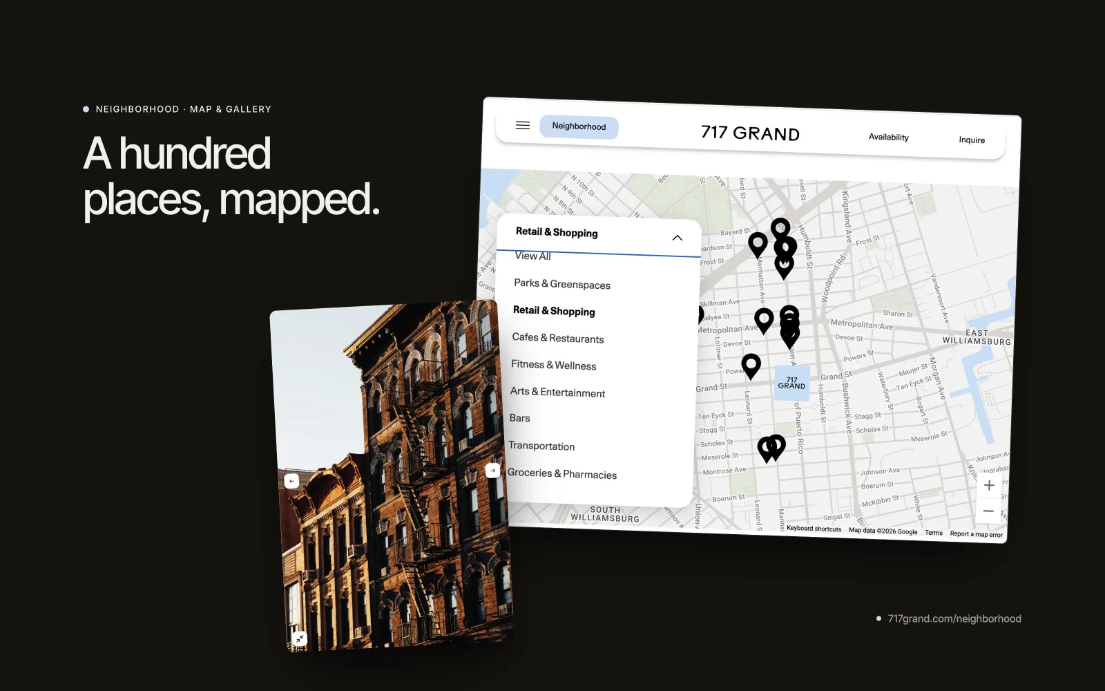 717 Grand neighborhood map with category filters and custom pins, beside a brownstone photo from the page gallery