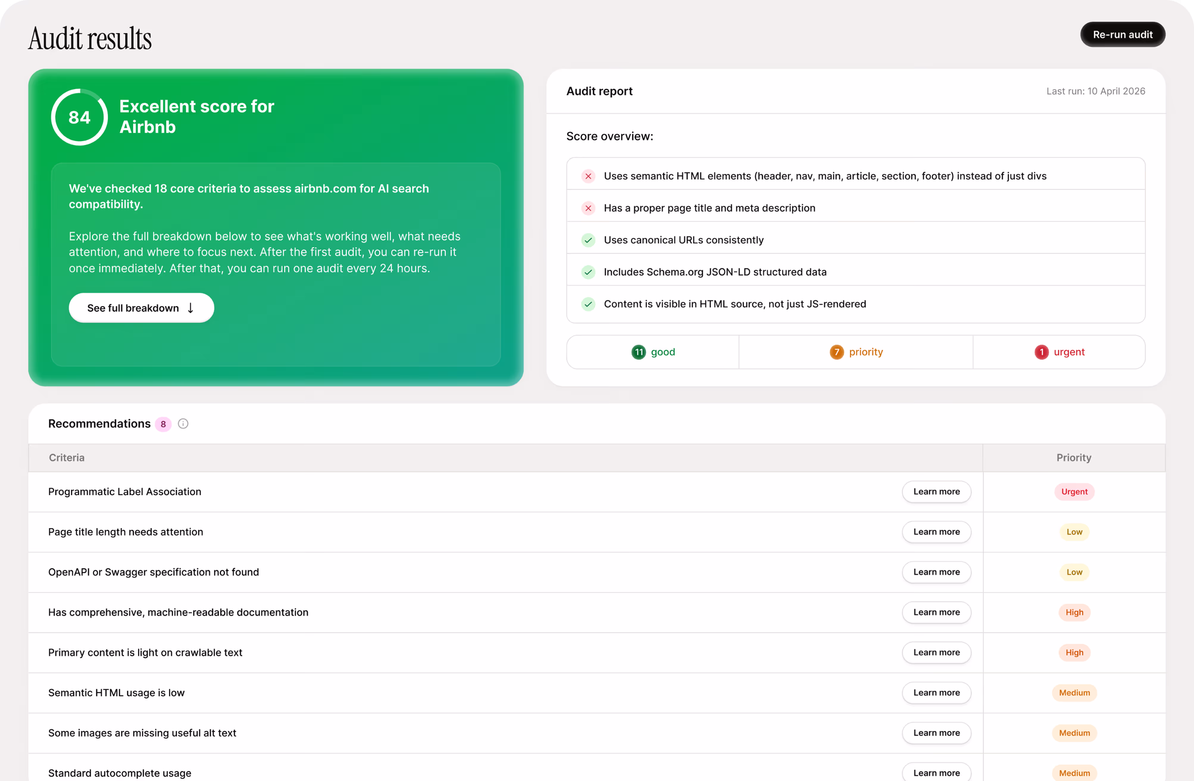 A dashboard view of a website audit with a good score