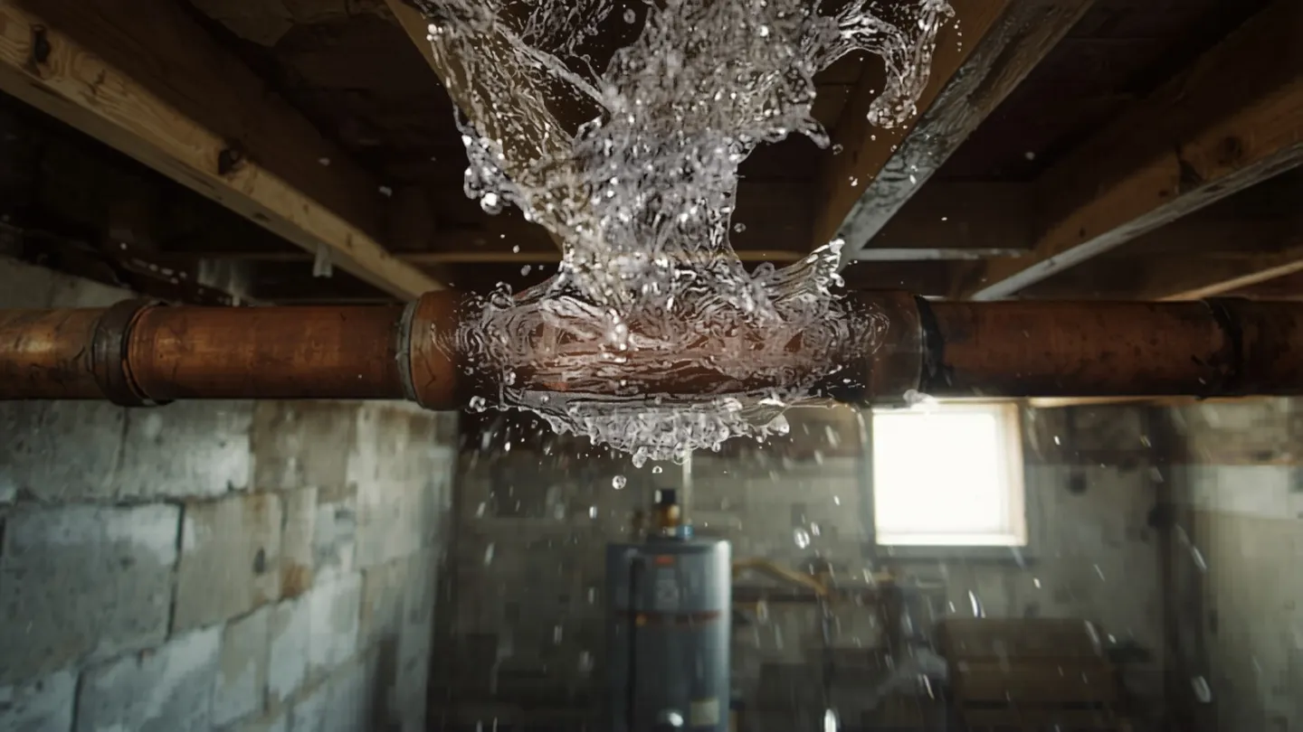 Water spraying from a burst pipe in a Denver basement