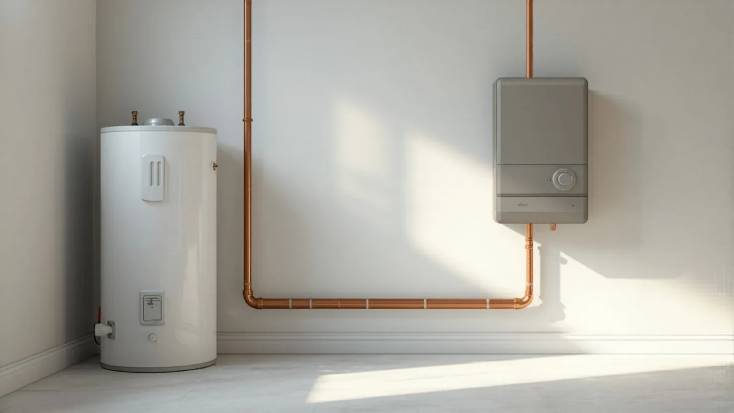 Tank and tankless water heaters side by side in a Denver home utility room