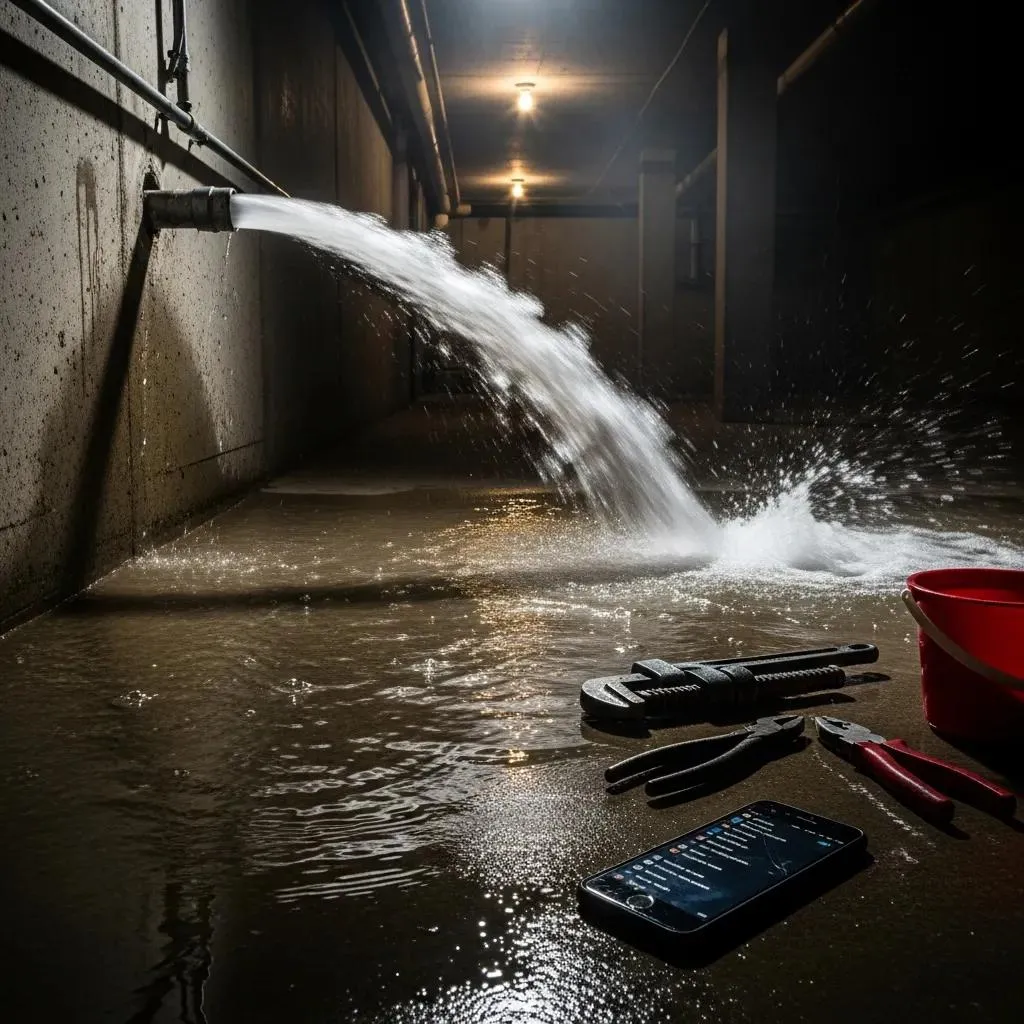 Plumbing emergency scene with burst pipe and homeowner assessing damage