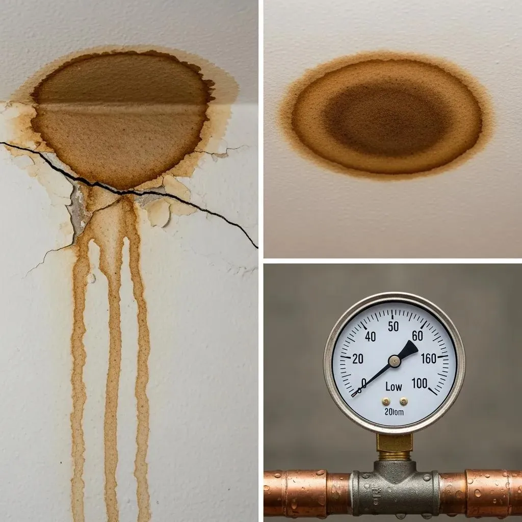 Homeowner inspecting water stains on wall indicating a pipe burst