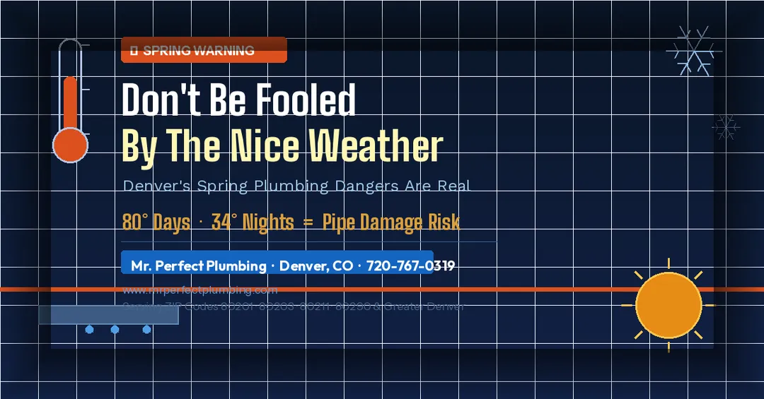 Denver plumber warning about spring freeze-thaw pipe damage — Mr. Perfect Plumbing serves Denver CO zip codes 80201 through 80290, call 720-767-0319