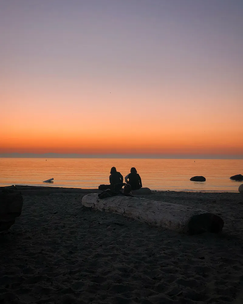 Two people sitting on a driftwood log watching an orange sunset over calm ocean water