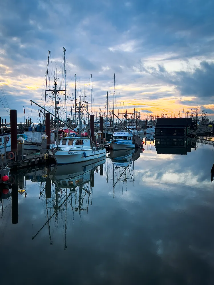 Fishing boats docked in a harbour, reflected in still water under a cloudy evening sky