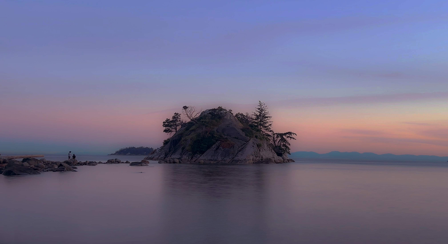 Small tree covered island reflected in still water during the blue hour