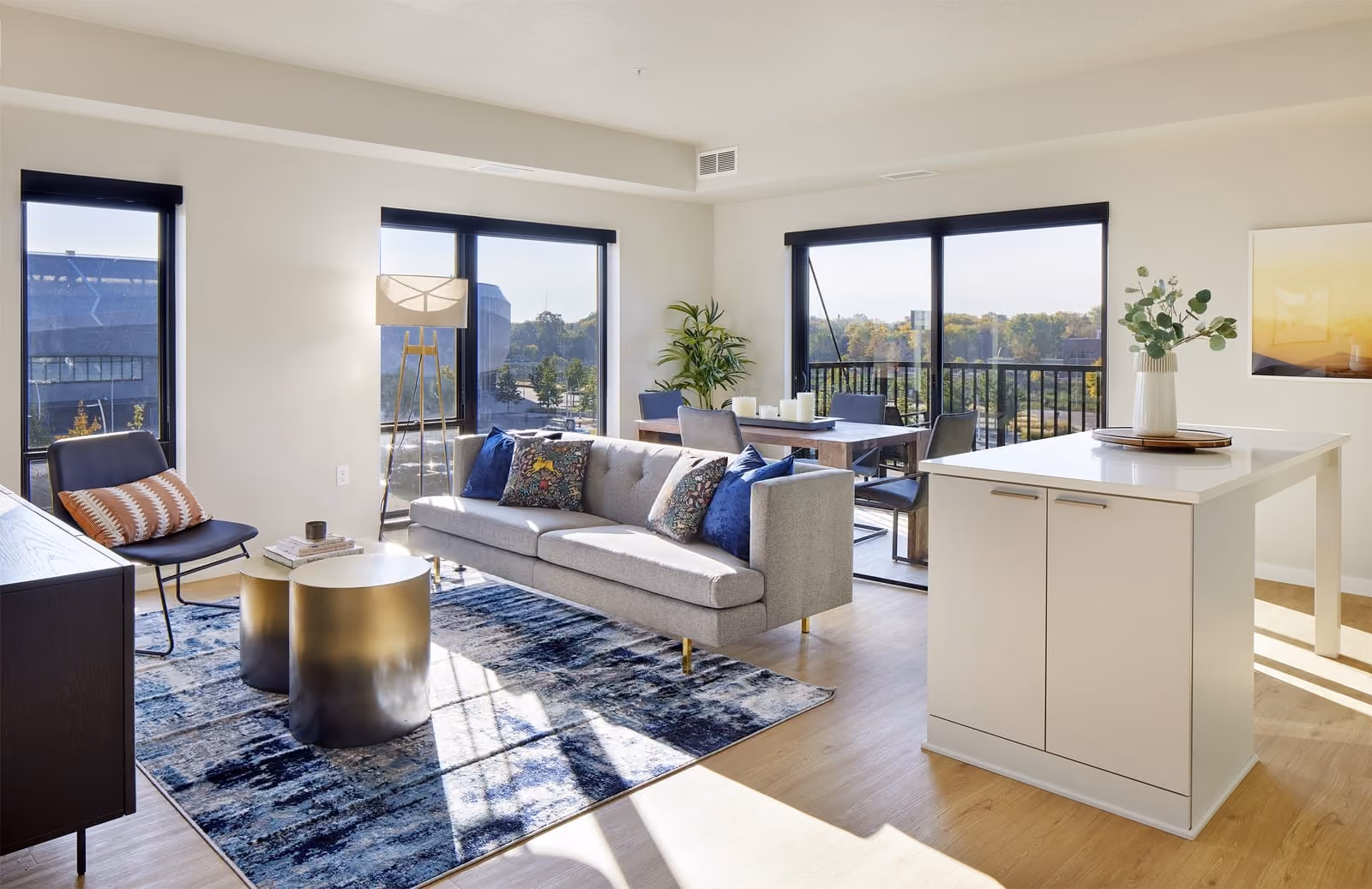 Light-filled living room with access to balcony