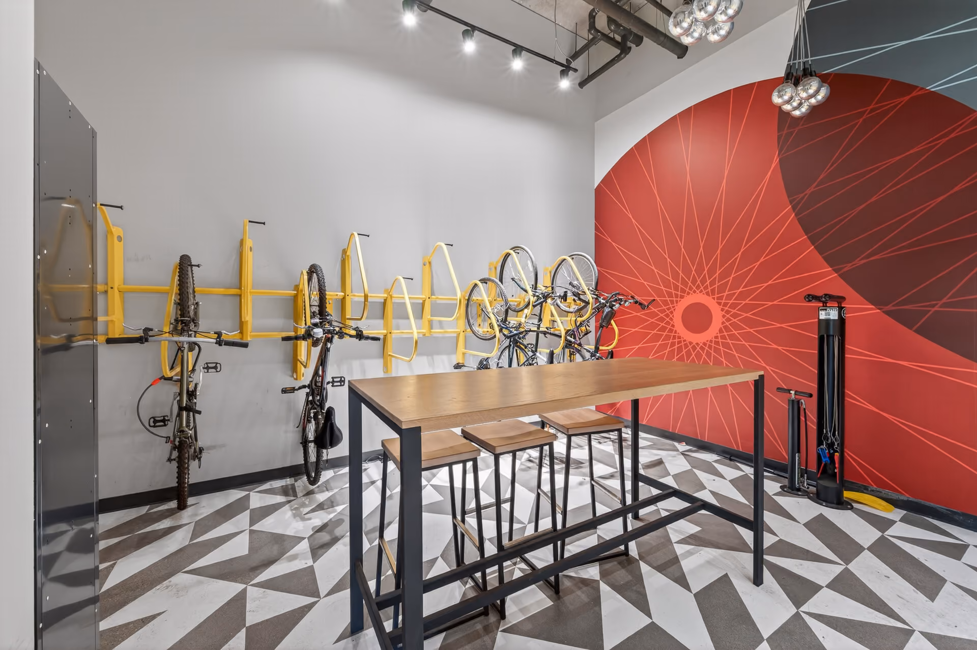 Ground-floor bike lounge at The Pitch Apartments