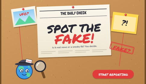 Spot the Fake title screen: Be the newspaper editor: stamp stories real or fake, check photos and quotes.