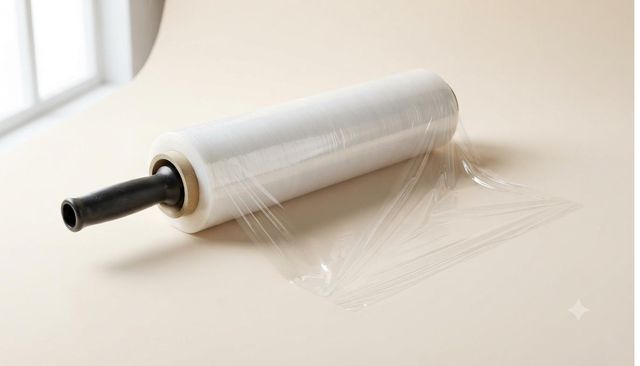 Roll of clear stretch wrap with handle