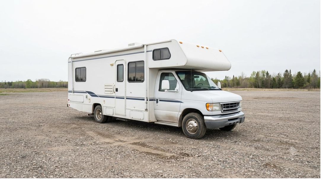Motorhome parked on a gravel lot