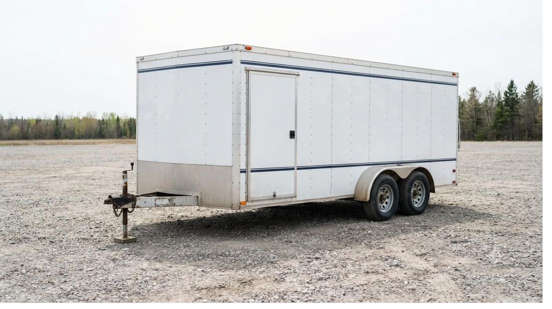 Enclosed cargo trailer parked on gravel