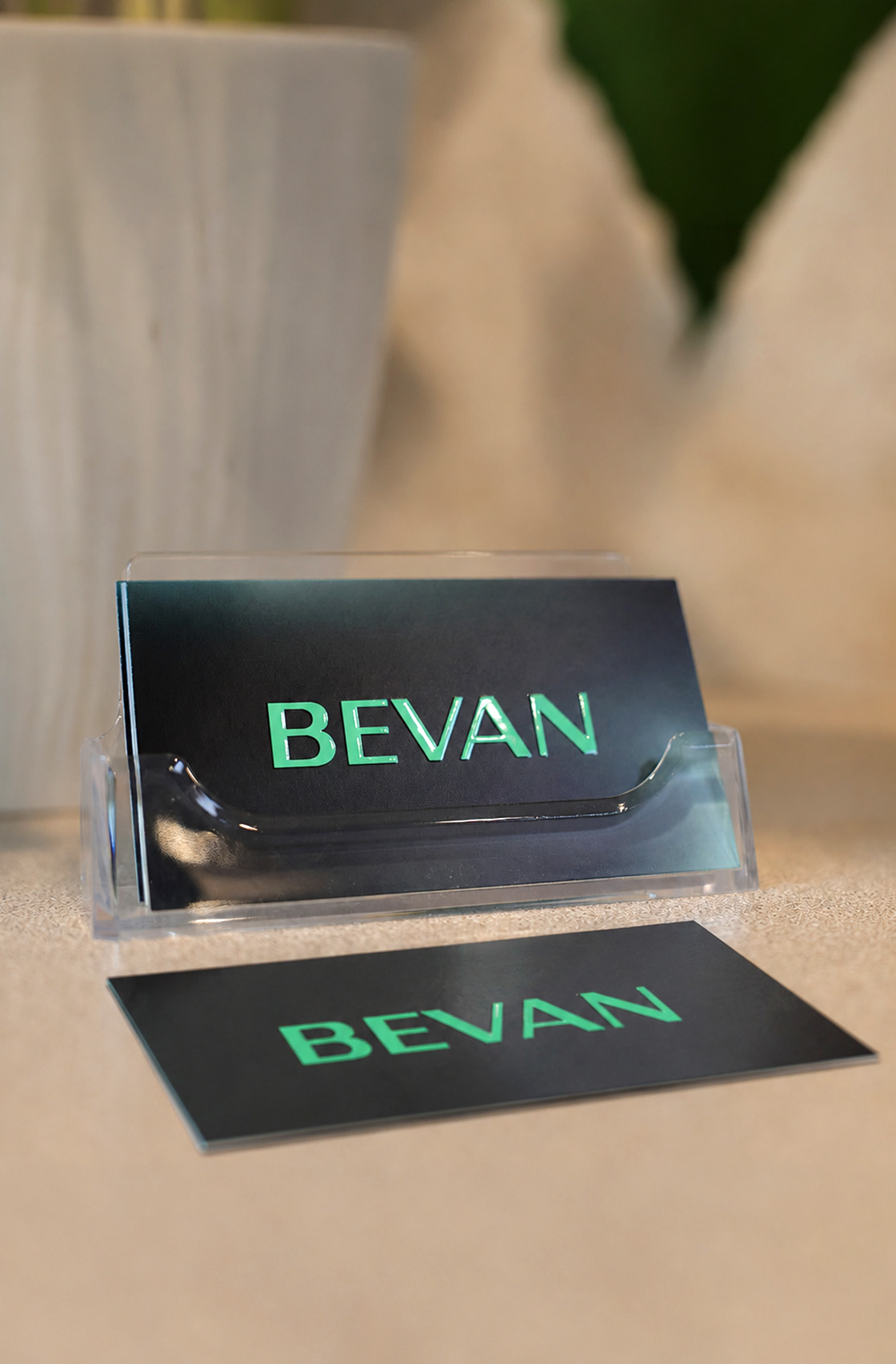 Bevan Dental business cards at the front desk of our dental office in Napa, CA