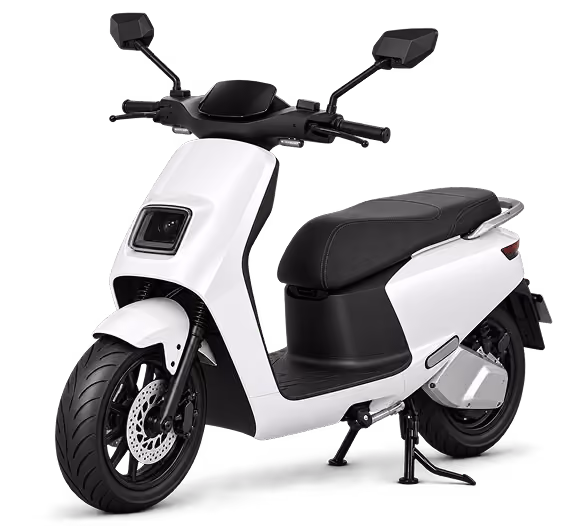 White electric scooter with black seat, square front headlight, rearview mirrors, and disc brakes on front wheel.