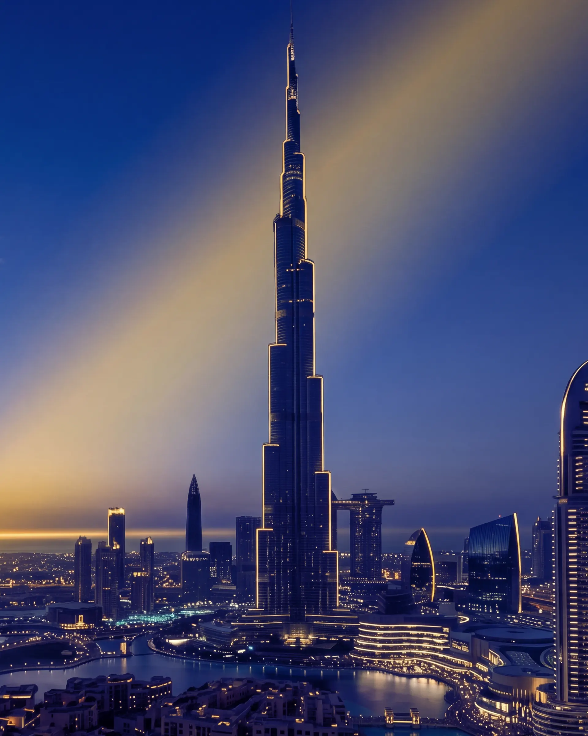 The Burj Khalifa at blue hour above the Dubai Fountain lake