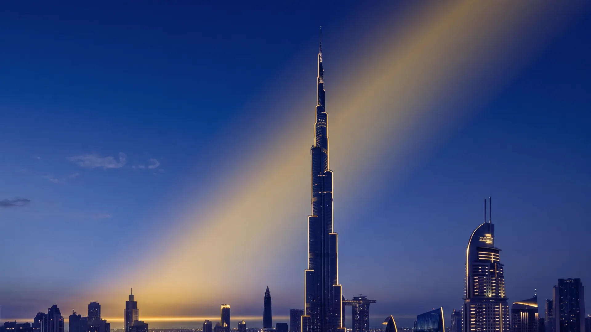 Dubai at blue hour, a gold beam of light rising behind the Burj Khalifa
